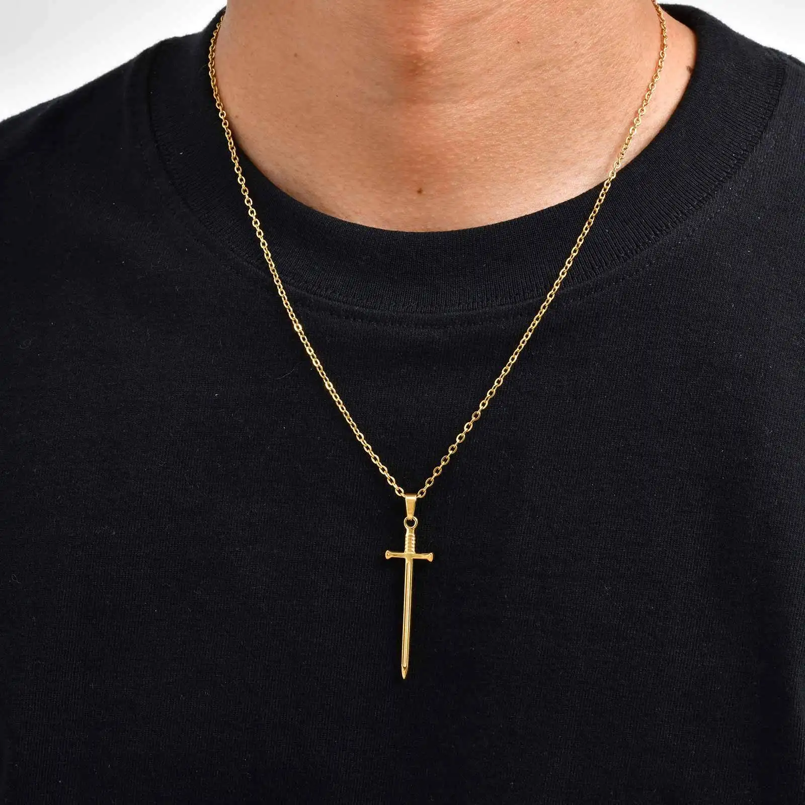Lange Schwert-Anhänger-Halskette für Männer und Jungen, Punk-Anhänger aus Edelstahl, 50 cm Kettenhalsband – Detail 5