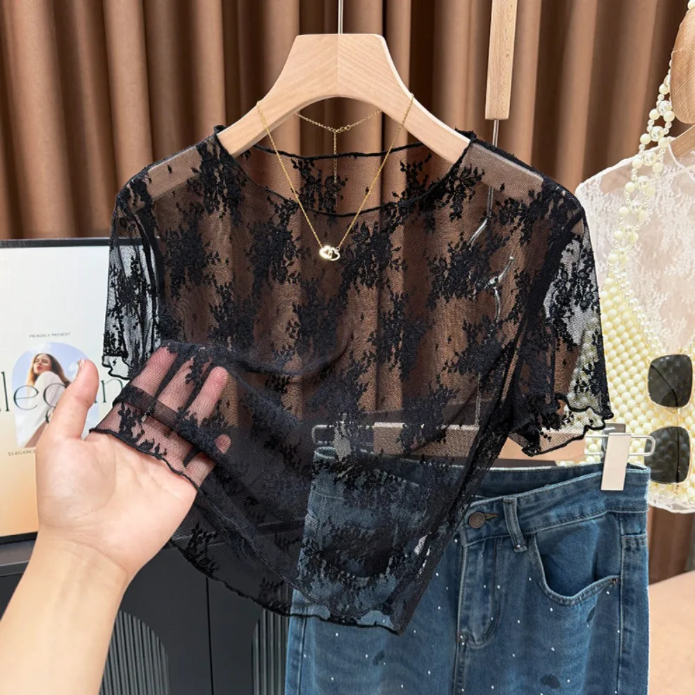 Fashion Nylon Lace Short Sleeve Top Short Sleeve Breathable Hollow Out Layering Tee Thin Light Fabric Sling Dress Cover Up Women