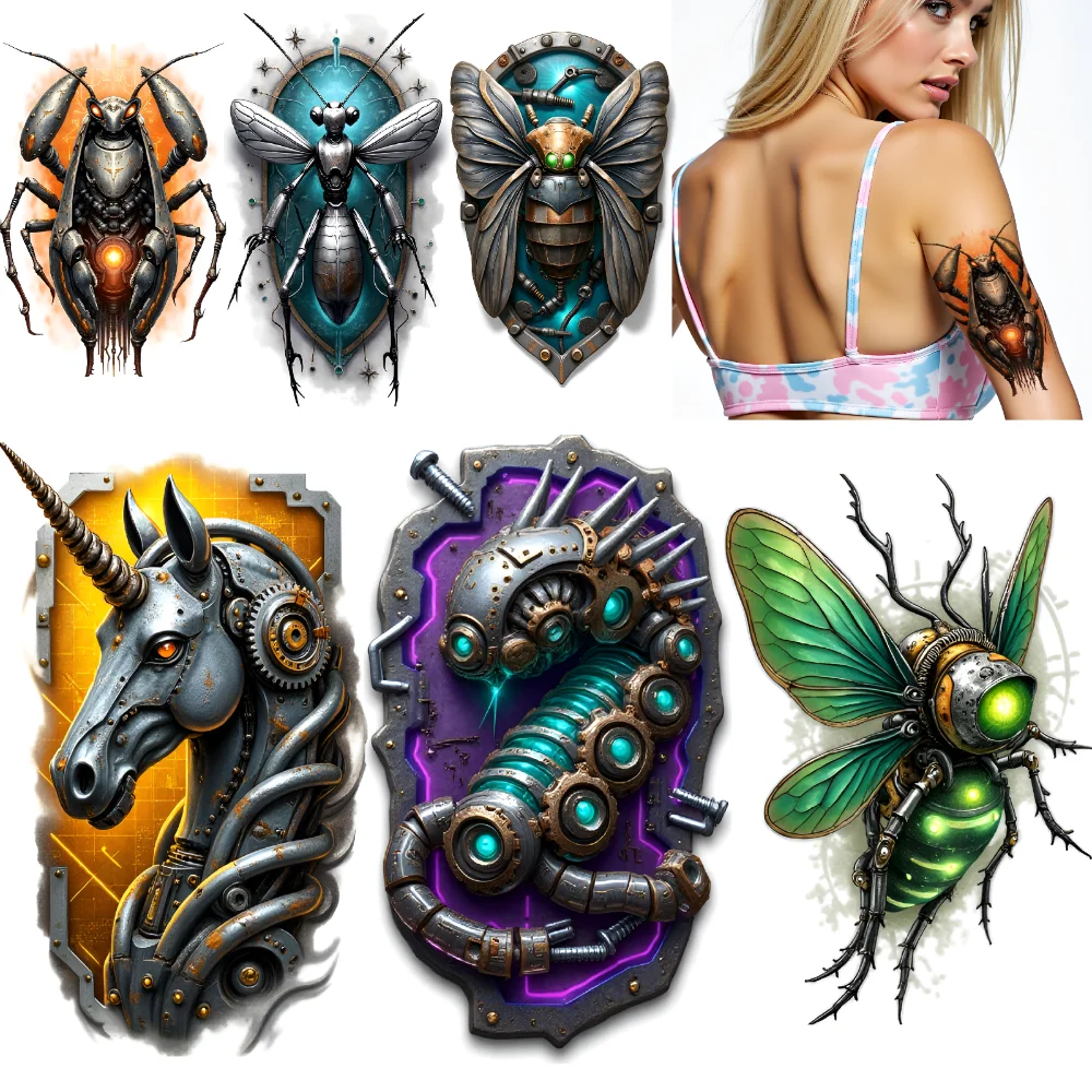 

3pcs Temporary Tattoo Mechanical Octopus Waterproof Long-lasting Body Stickers Tech Fly Robot Hummingbird Colorful Realism For