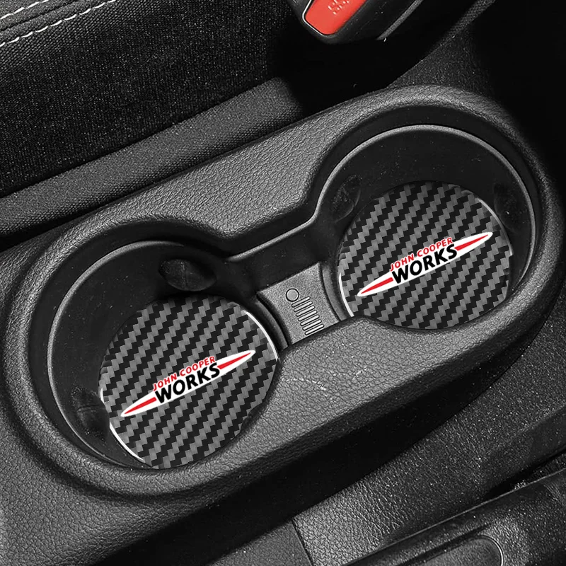 2Pcs Car Carbon Fiber Pattern Coaster Non Slip Water Cup Mat Anti-Dirt for MINI Coopers R55 R61 R66 JCW F54 F55 F56 F57 F60