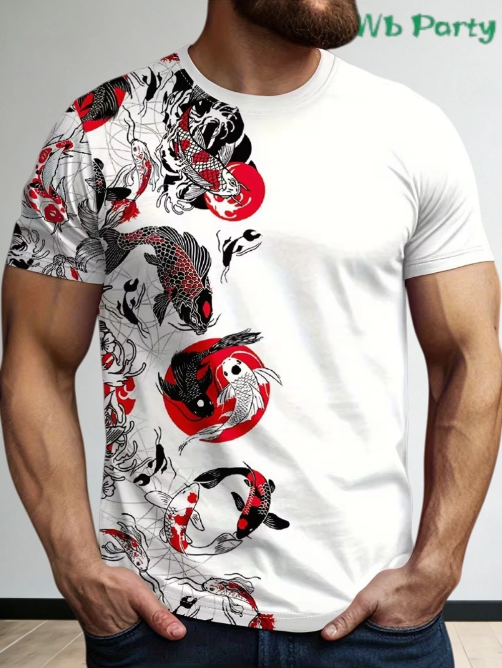 Herren-T-Shirt mit 3D-Druck, Koi-Muster, glückliches Kurzarm-Top, Sommer, Harajuku, lässig, minimalistischer Stil, Neujahrs-Herrenbekleidung – Detail 8