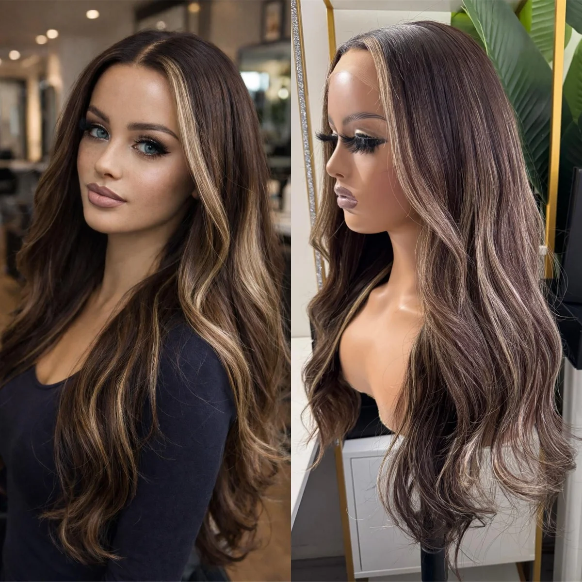 

Wig Dark Brown wiwith Blonde Highlights Synthetic Lace Front Wigs Long Body Wave Balayage Glueless Wigs Heat Resistant Fiber 26"