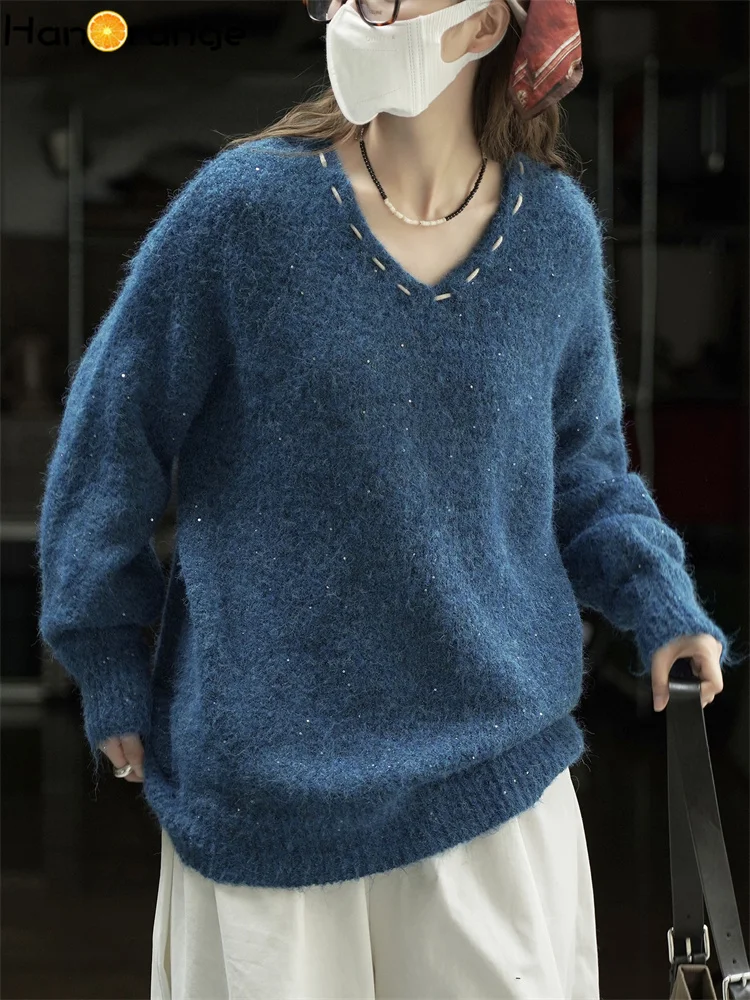 

HanOrange 2025 Winter Lazy O-neck Bright Silk Knitted Wool Sweater Women Loose Casual Top Blue
