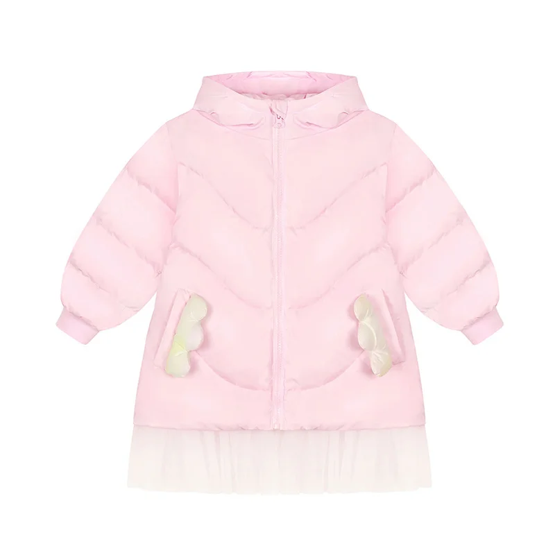 

Baby Girls 90% White Duck Down Coat 3T 9T Kid Winter Thick Warm Clothing Gauze Patchework Pink Flower Fashion Children Outerwear