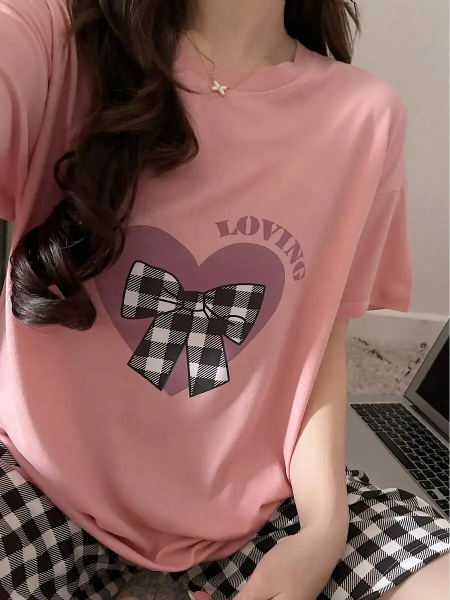 Womens Heart Bow Print Sleep Top And Plaid Shorts Pajama Set Summer Comfortable Homewear