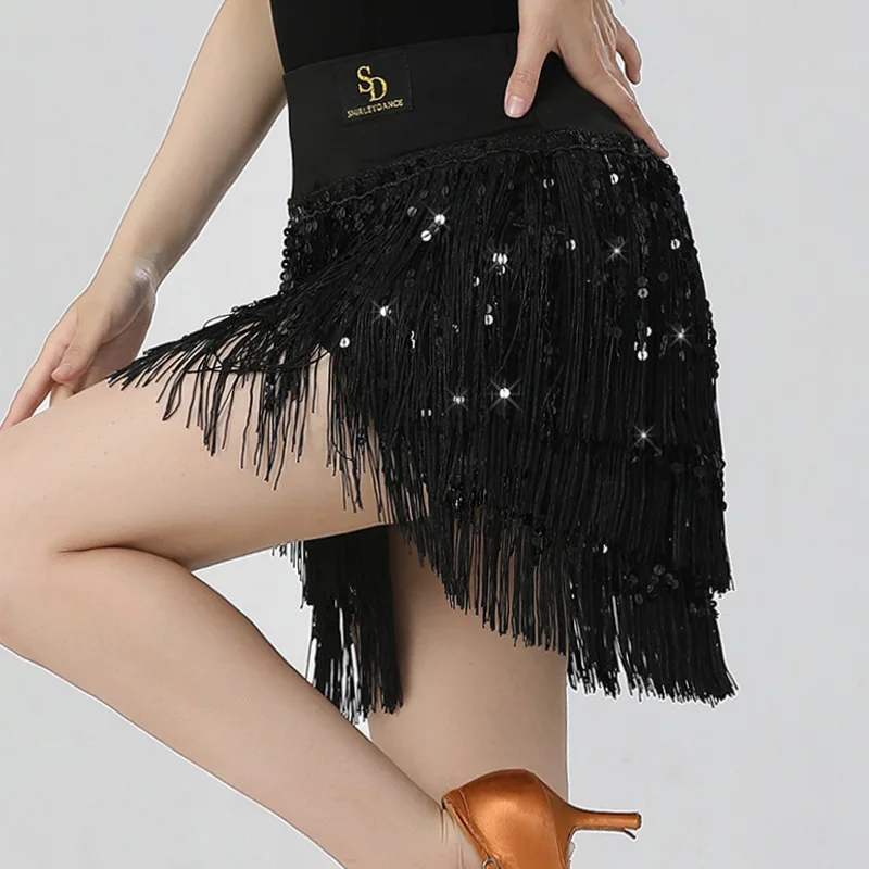 New Latin Dance Outfit Adult Women Shiny Tassel Skirt Practice Suit Three Step Stamp Performance Skirt Half-Length Short Skirt