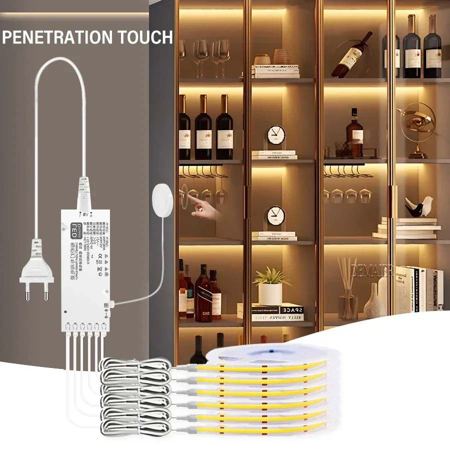 Cabinet Under Touch Collection Dimmable  COB LED Strip Light Bookcase Wardrobe Motion Sensor Closet Lampara Tape Penetrable Wood
