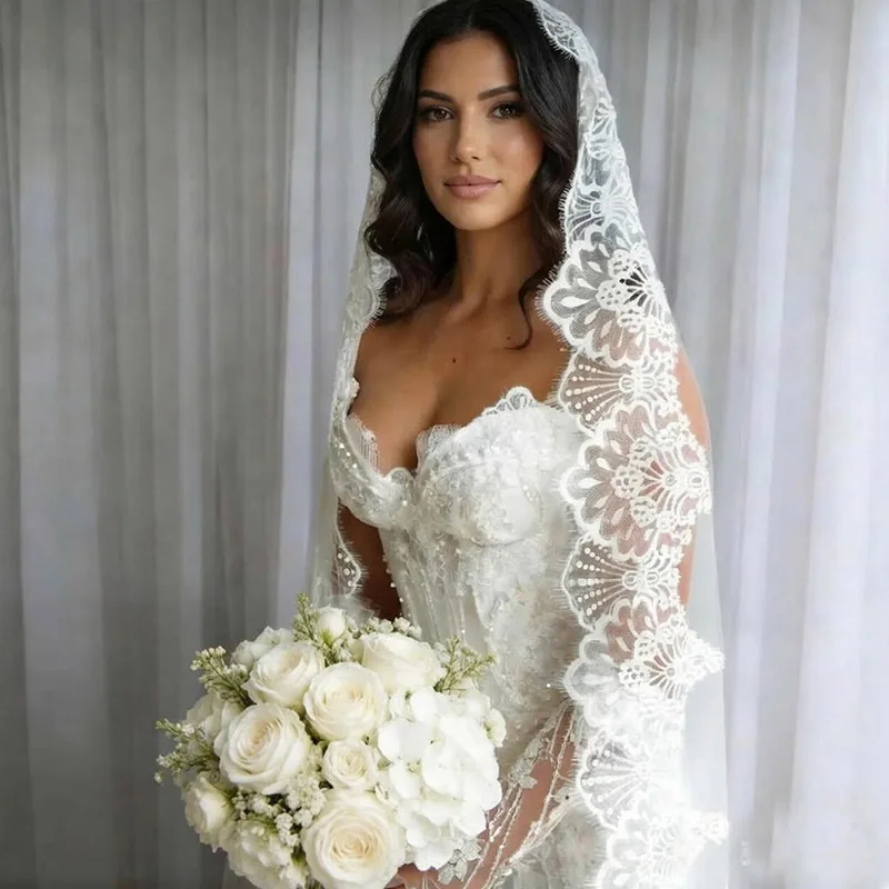 Customized Mantilla Veil with Wide Eyelash Lace, Ivory Chantilly Lace Wedding Veil with Hidden Comb, 2.5m/3m/3.5m/4m Long Veil