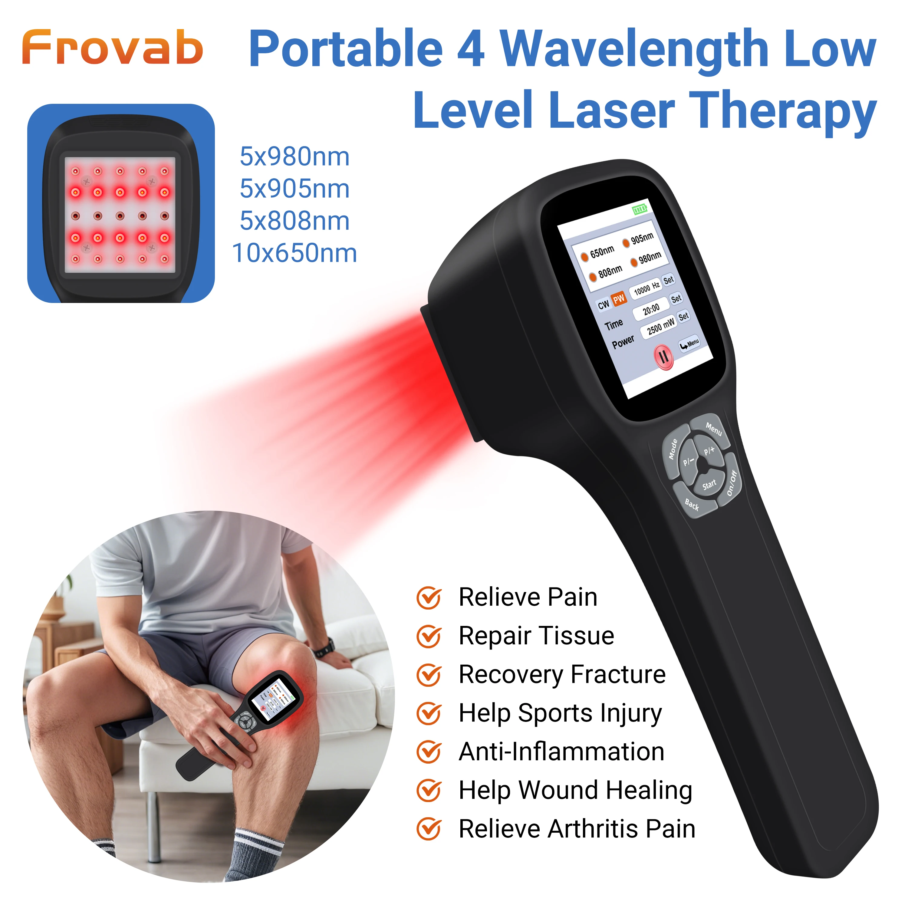 

Frovab 2500mW High Power Cold Laser Therapy Device 25 Diodes Red & Infrared Light LLLT for Joint Muscle Pain Inflammation Relief