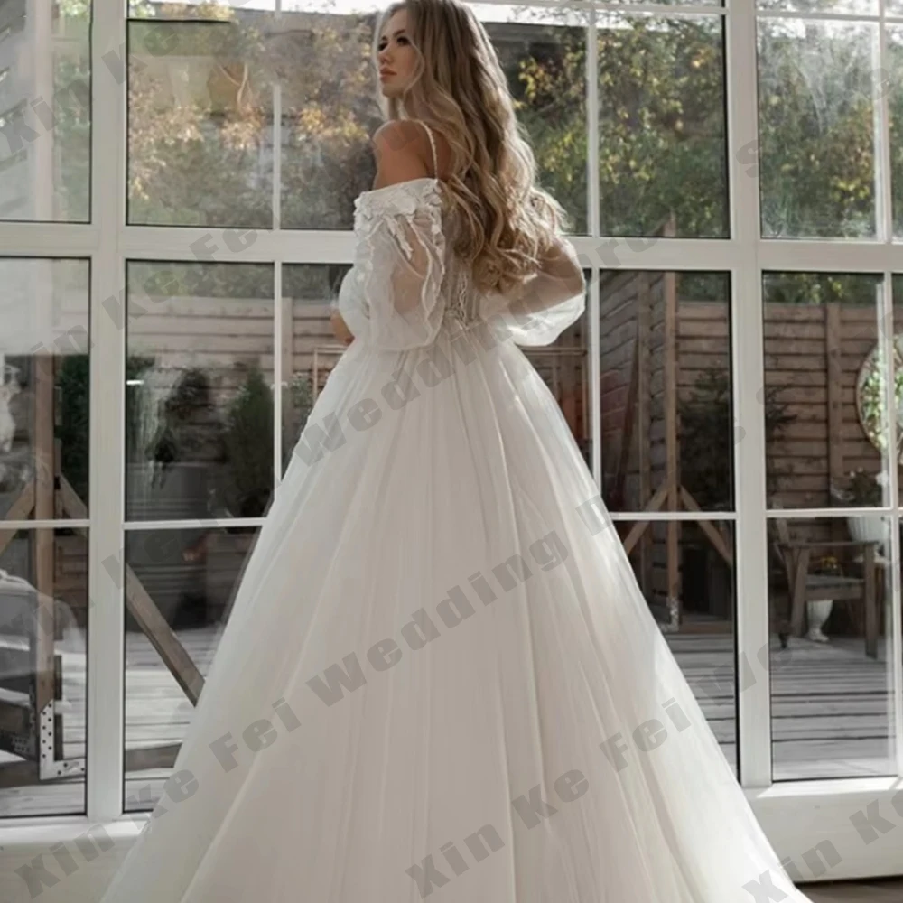 فساتين زفاف نسائية أنيقة بأكمام طويلة منتفخة زهور ثلاثية الأبعاد فساتين عروس بوهو 2026 Vestidos De Novia أردية زفاف مخصصة