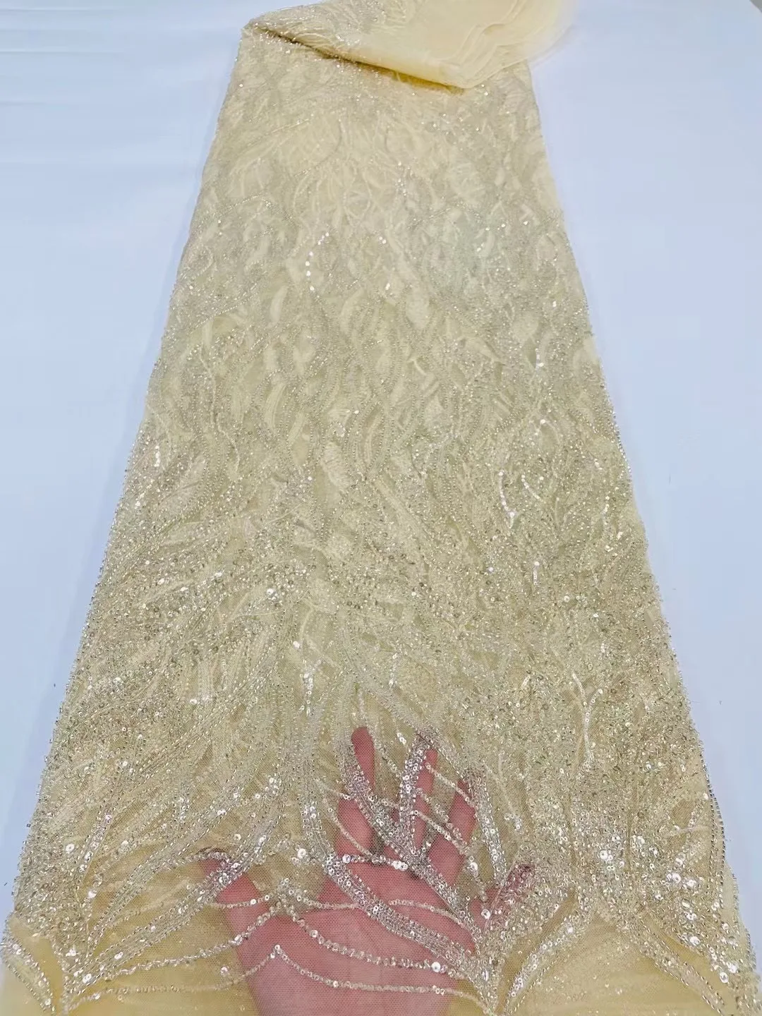 

African Heavy Beads With Sequins Lace Fabric 2022 French Bridal Lace Fabric Luxury Quality Embroidery Light Yellow Tulle Lace