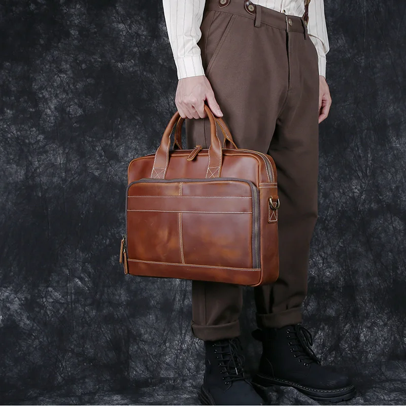 Camada de cabeça masculina bolsa de couro couro, maleta cavalo louco, bolsa de computador, bolsa casual com crossbody, vintage