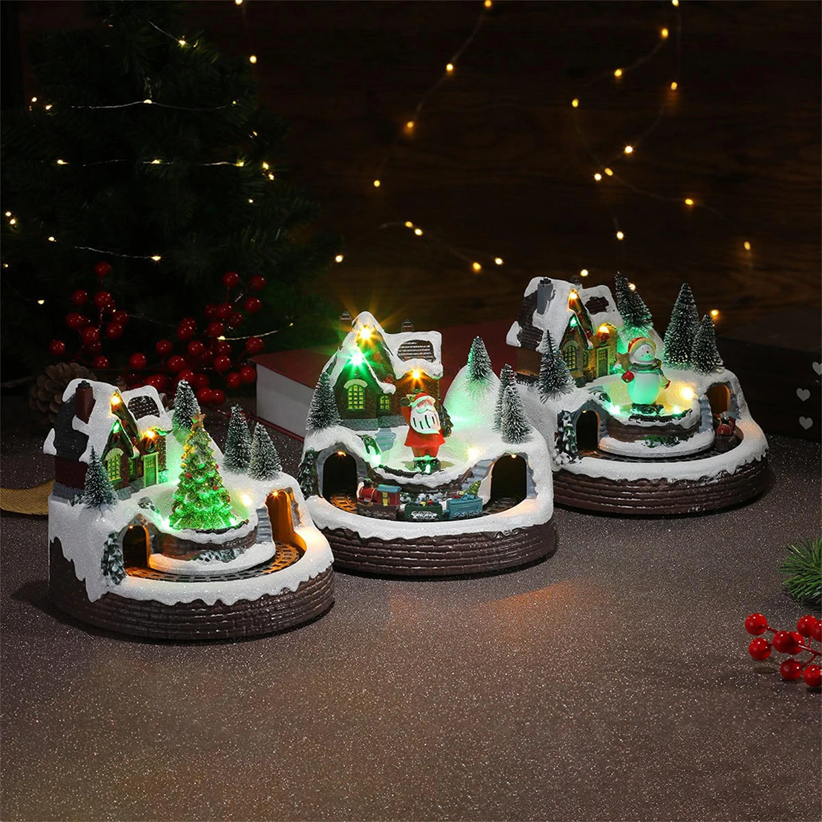 Christmas Snow Village House Sculpture with Music Landscape Christmas Scene Village Decoration House Statue with Colorful Light