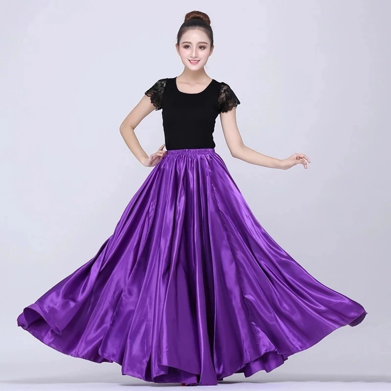 Gonna di danza del ventre Solid Gypsy Women Girl gonna di Flamenco spagnola Satin Big Swing Dress Adult Kids Stage Performance 360 gradi