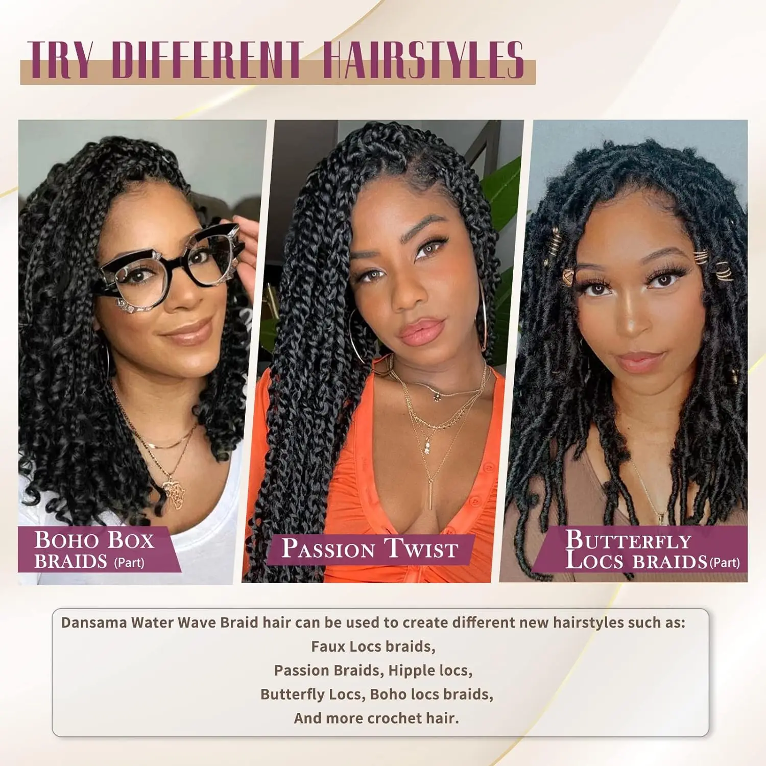 Rambut Crochet Passion Twist 22 Inci 7 Paket Rambut Crochet Gelombang Air untuk Wanita Kulit Hitam-Rambut Sintetis Kepang Bohemian Panjang