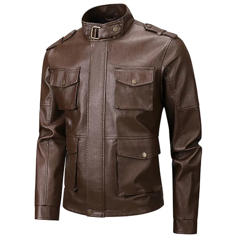 

Корейский стиль, приталенное мотоциклетное пальто с воротником-стойкой, мужская куртка из искусственной кожи на весну и осень 2024, мужская шикарная верхняя одежда с несколькими карманами