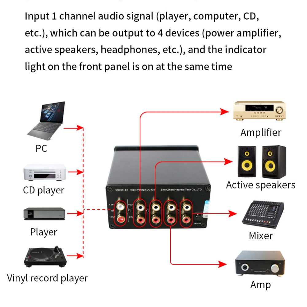 Heareal Z1 1in 4out/4in 1out HIFI استقبال الصوت إشارة الجلاد قابل للتعديل حجم ستيريو ضياع الصوت ثنائي القناة محول