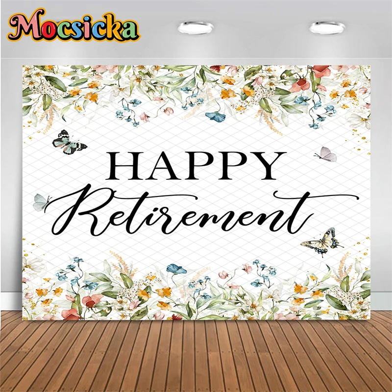 

Mocsicka Happy Retirement Photography Backdrop Watercolor Floral Butterfly Background Cloth Party Studio Prop Banner Photo Booth