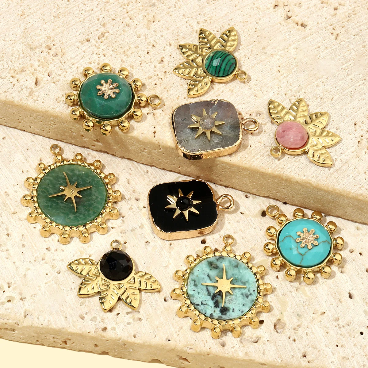 3pcs/Lot French Leaf Natural Stone Stainless Steel Diy Charms Women African Pine Star Necklace Pendant Chalchite Jewelry