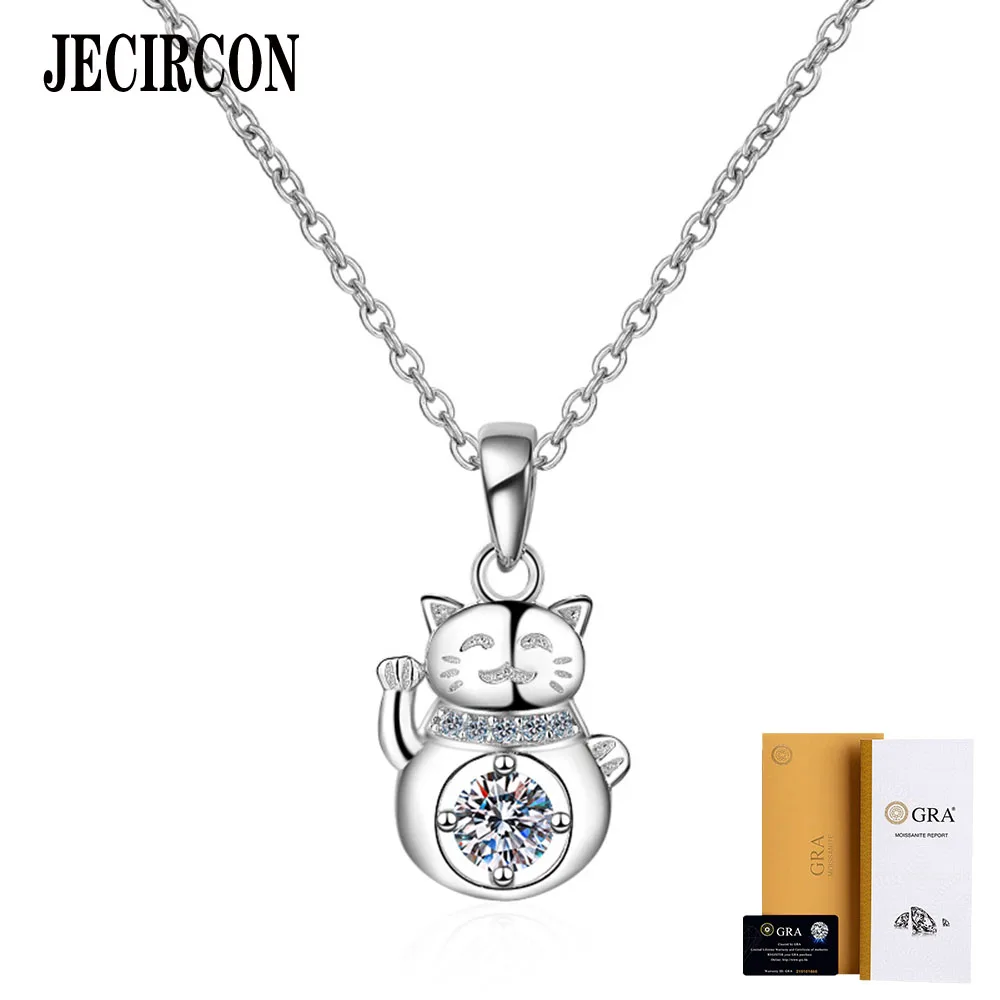 

JECIRCON Genuine 0.3ct Moissanite Necklace for Women Excellent Cut Diamond Money Cat Pendant 925 Sterling Silver Fine Jerwelry