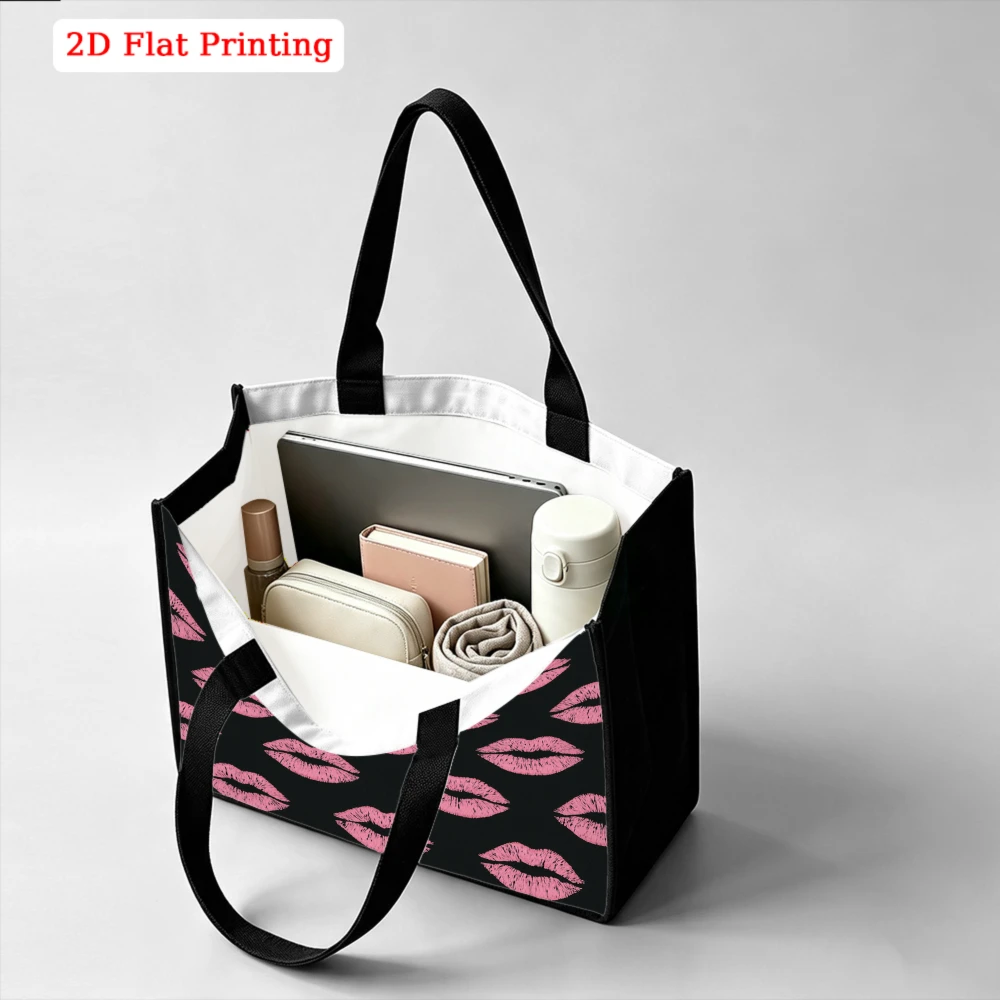 Retro Pink Lipstick Kiss Seamless Pattern Print Large Tote Bag, Sexy Fashion Aesthetic Handbag for Women Commute Shopping
