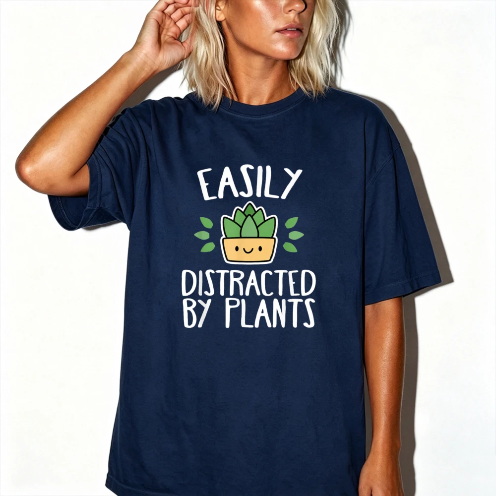 Easily Distracted By Plants Cute Succulent Cartoon Graphic T Shirt Plant Lover Funny Text Print Short Sleeve Garden Hobby Tees