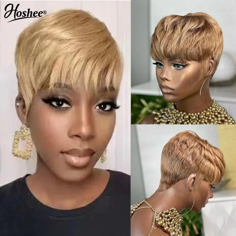 Short Deep Wavy Natural Colored Wigs For Women Ready To Wear Full Machine Made Human Hair Wig Brazilian Remy Pixie Cut With Bang