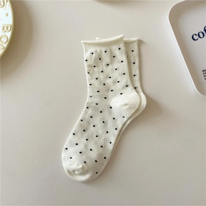 5/10 Paar Damen-Socken mit gerolltem Rand, gepunktet, mittlere Röhre, Frühling und Sommer, schweißabsorbierend, atmungsaktiv, süß, einfacher Stil, lässige Socken – Detail 20