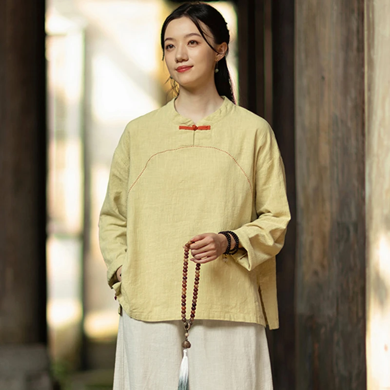 عالية الجودة القطن تي شيرت كتان المرأة الجديدة 2025 الخريف النمط الصيني خمر الوقوف طوق الإناث بلايز عادية قمصان M2021