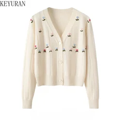 Embroidered Flowers Knitted Cardigan Women's 2024 Autumn Vintage V-Neck Long Sleeve Sweater Jacket Female Kntiwear Tops Jumpers