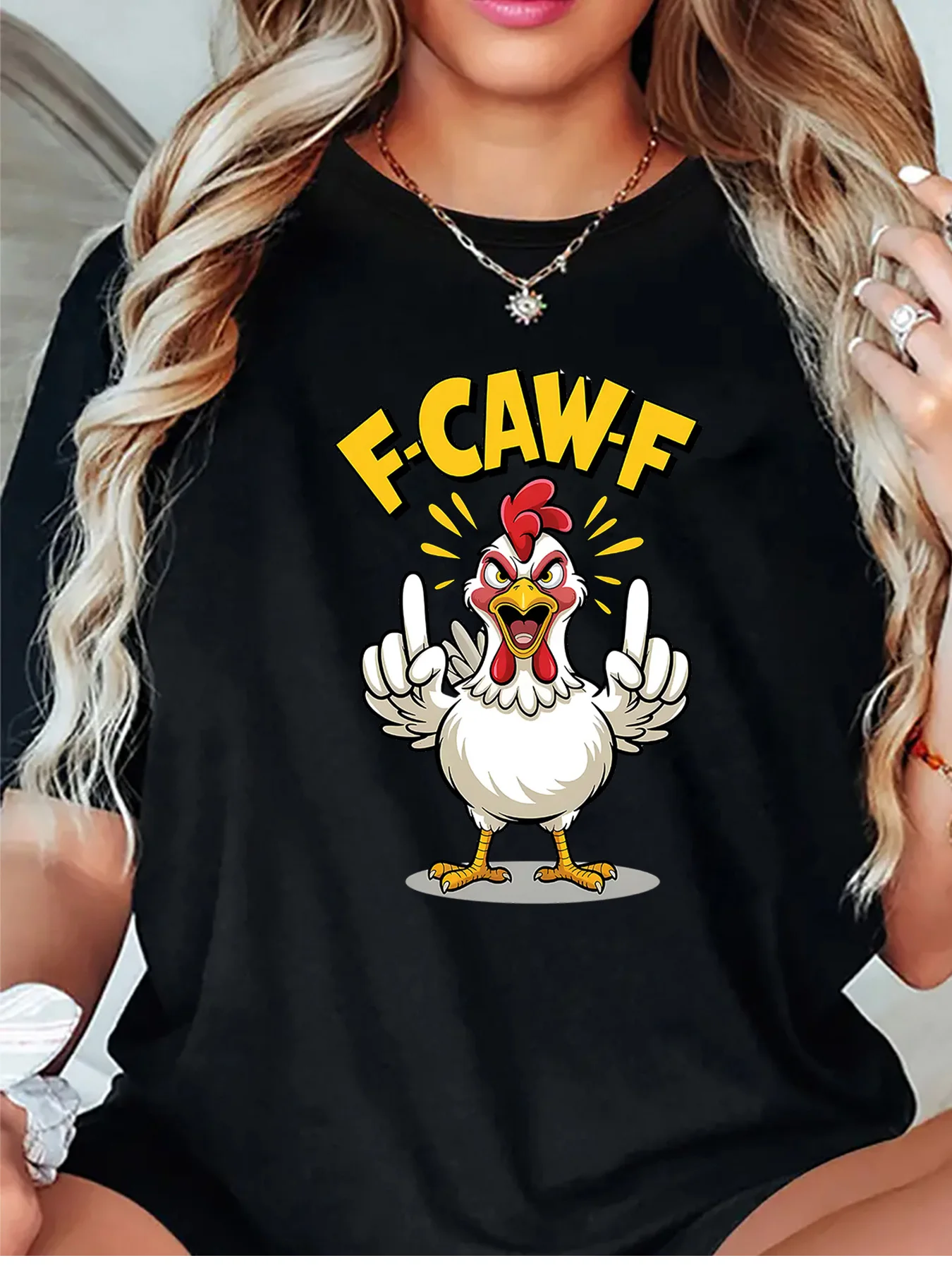 Cute F Caw F Funny Rooster Cartoon Character Art Print Graphic Womens T Shirt Short Sleeve Crew Neck Casual Ladies Tee Tops