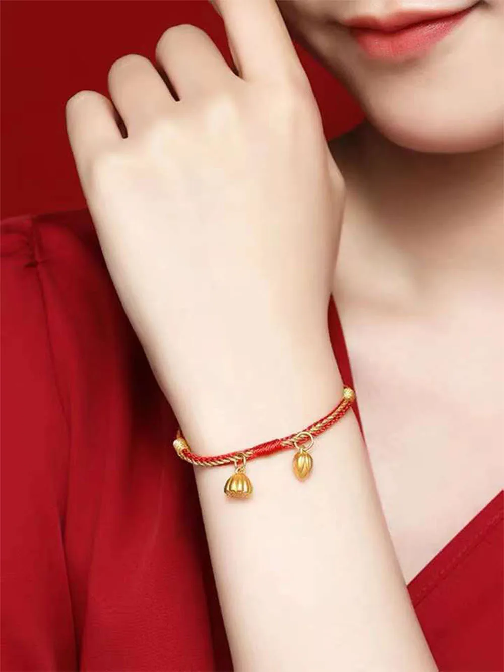 1PCS Pure 24K Yellow Gold Jewelry Real 24K Yellow Gold Bracelet For Women Lotus and Seed Red String Bracelet Gift