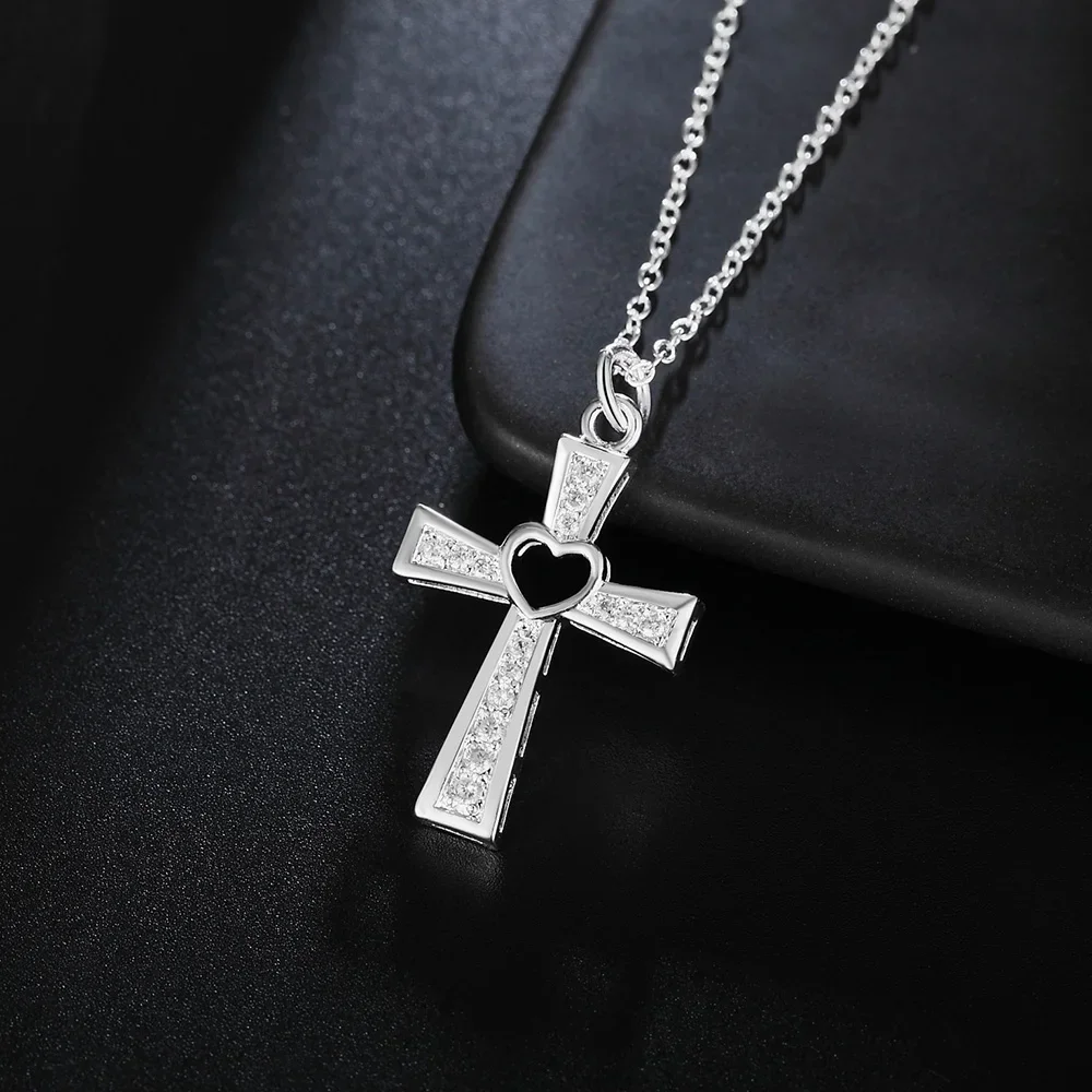 Hot fashion 925 Sterling Silver Necklace For Women luxury Wedding Jewelry Wild crystal cross pendant chain neckalce gift