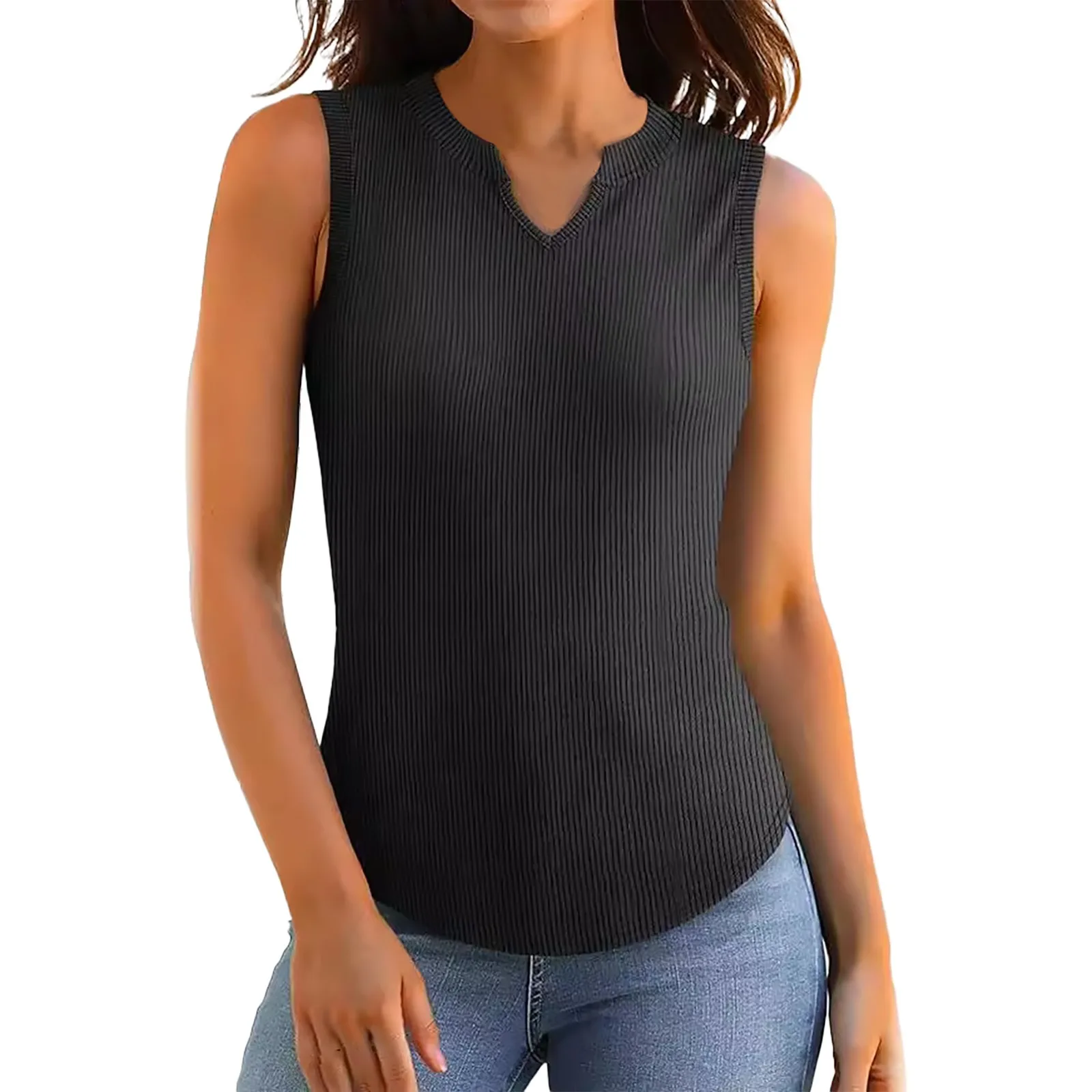 Women's Solid Color V Neck Sleeveless Threaded Vest Summer Fashion Casual Top Wardrobe Women Fall