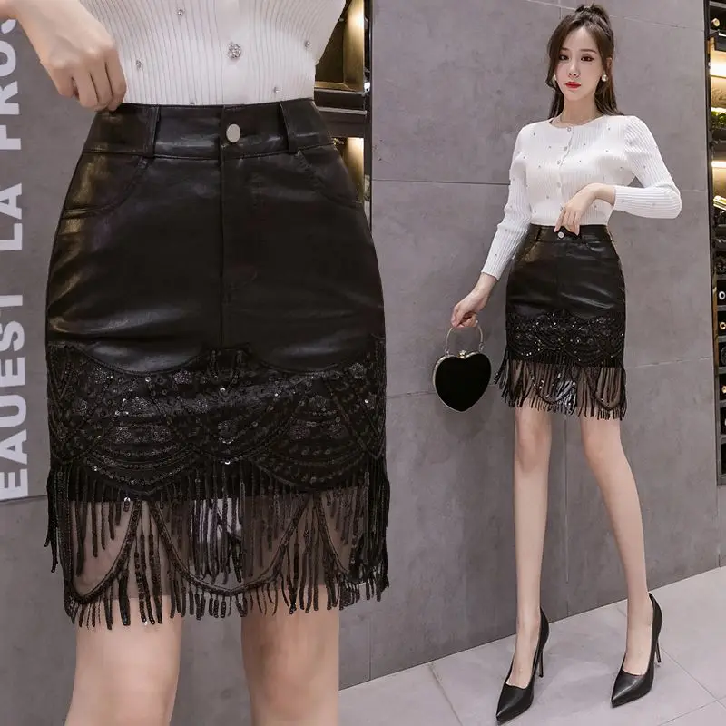 Sequins Tassels Short Skirt 2026 Spring Autumn Women Package Hip PU Leather Skirt Korean Style Sexy Bling Skirt Female Culottes