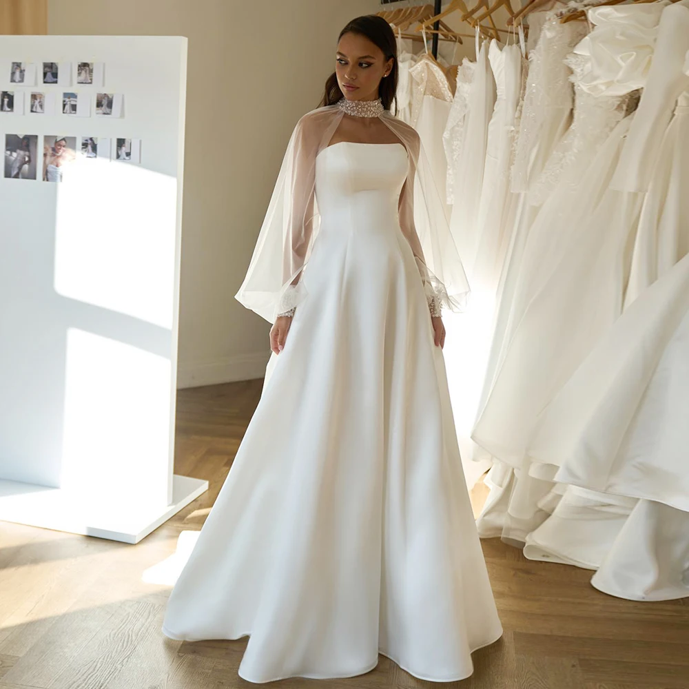 Vestido de novia de línea A con mangas abullonadas desmontables, vestido de novia de satén con lentejuelas y cuentas sin tirantes, tren de barrido