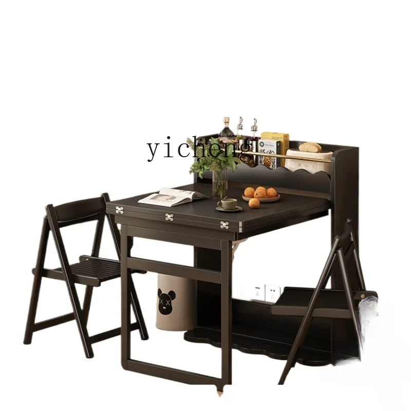 ZF minimalist and narrow folding dining table, black solid wood dining table with side cabinet space