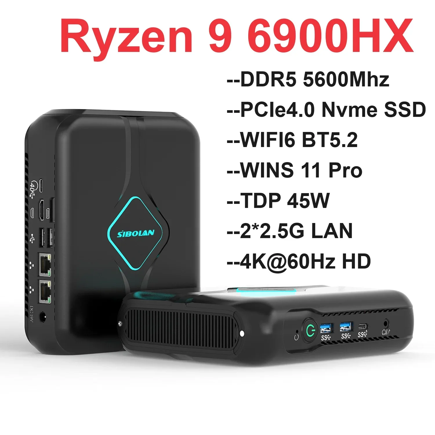 SZBOX Ryzen 9 6900HX MINI PC WIFI6 BT5.2 WINS 11 Pro DDR5 5600Mhz PCIe4.0 Nvme SSD TDP 45W 2*2.5G LAN HD Gaming Mini PC