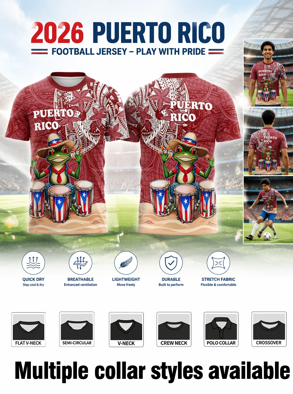 Puerto Rico soccer jersey,tribal pattern,drumming frog graphic,PUERTO‑RICO print,quick‑dry,multiple collar styles