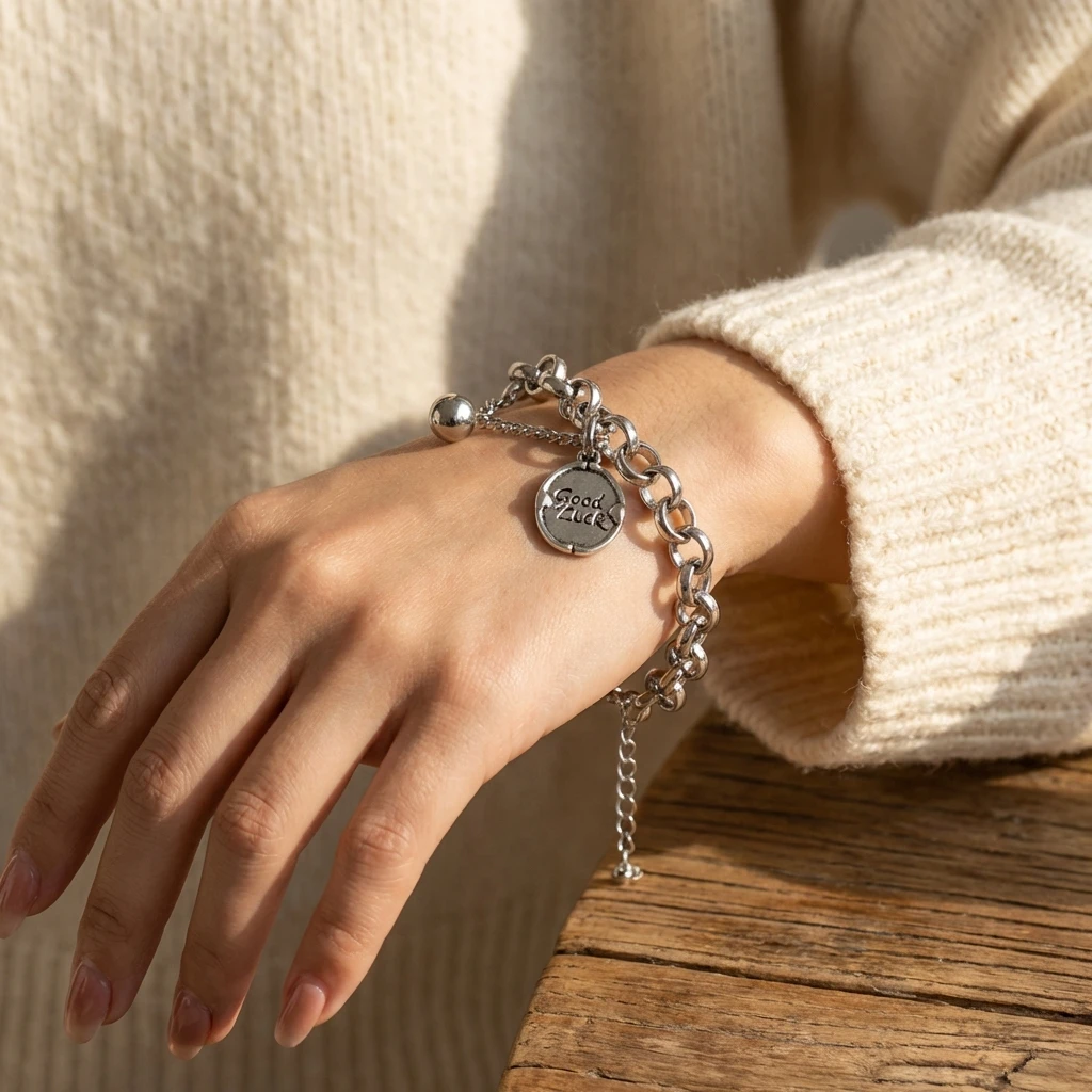 

Y2K Retro Chunky Chain Bracelet for Women Cool Statement Round Tag Bangle Edgy Fashion Good Luck Wrist Accessories