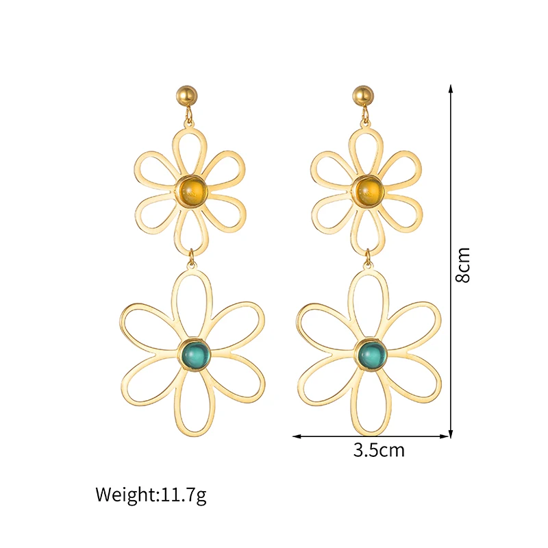 Goxijite Trendy Sweet Style Stud Earrings For Women Stainless Steel Yellow Green Stone Hollow Big Flower Earrings Jewelry Gift