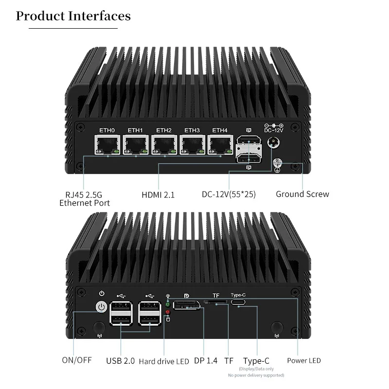 Mrroute 5 Lans Mini Pc N100 DDR5 16G+SSD 256G Fanless Mini Computer,4 Ethernet Lans DP&HDMI Dual Displays Win11