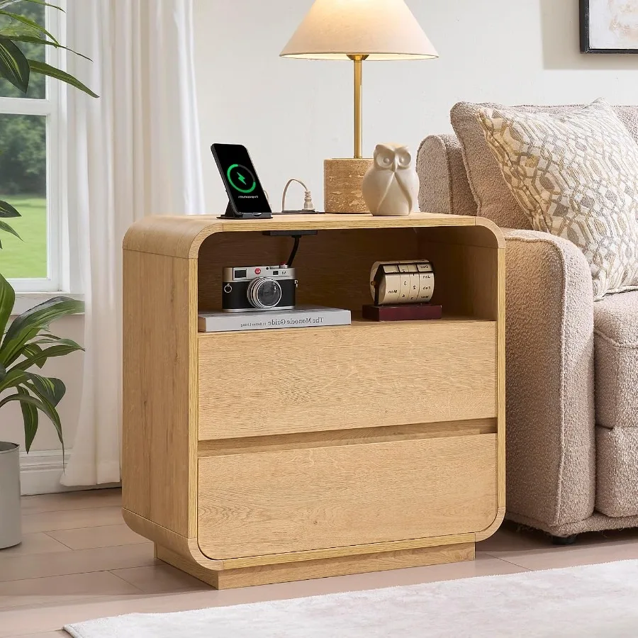 Modern Curved Night Stand, 25 Tall Wood Bedside Table with Charging Station, 2 Storage Drawers, Large End Table in Natural Wood