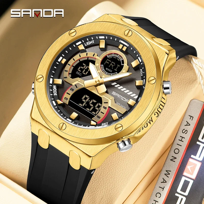 SANDA Fashion Youth Men's Watches Luxury Alloy Case Multifunctional Waterproof Watch Double Display Calendar Week Student Watch
