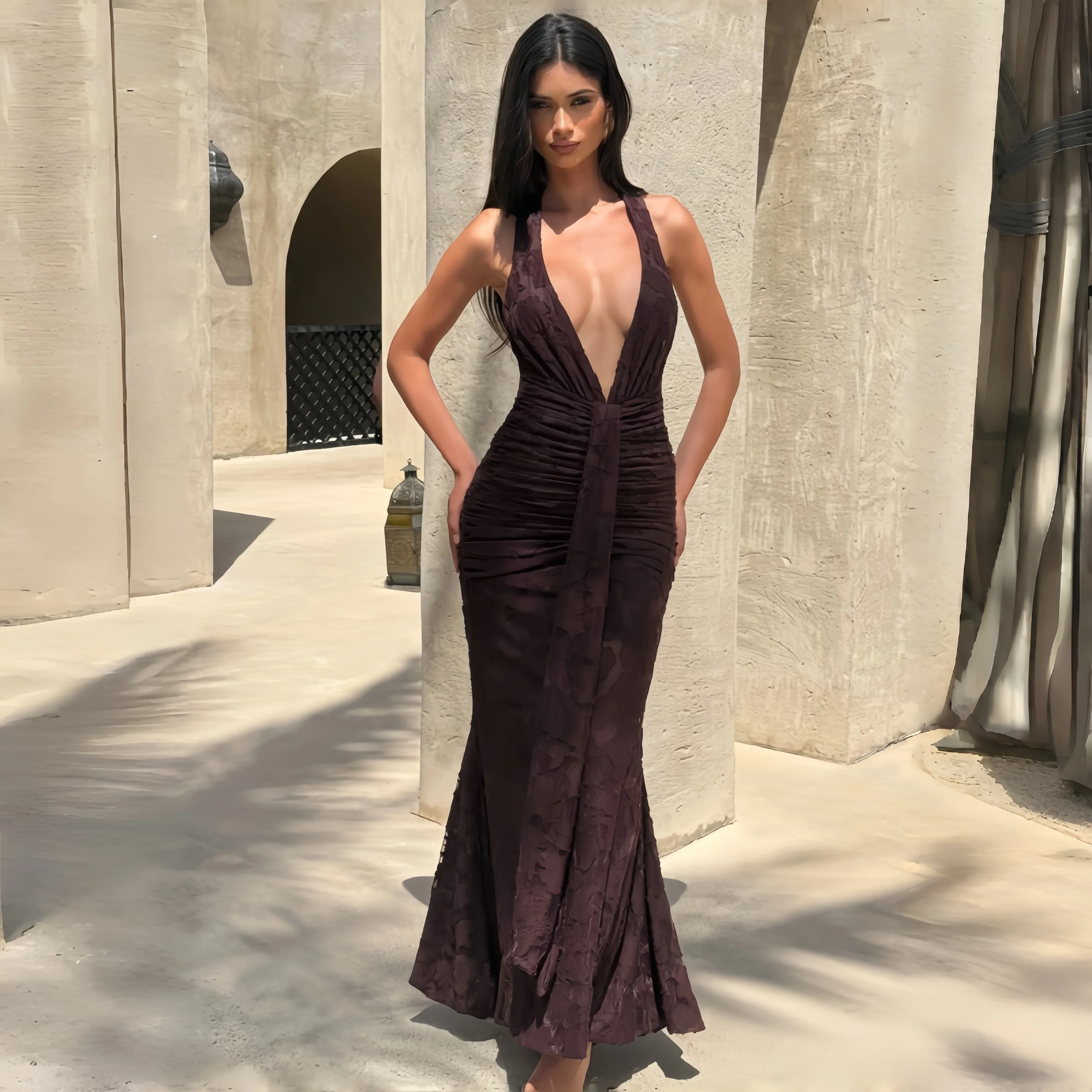 

Brown Halter Lace Vestido Deep V Backless Ruched Mermaid Floor Length Evening Gown Formal Dress For Wedding Party