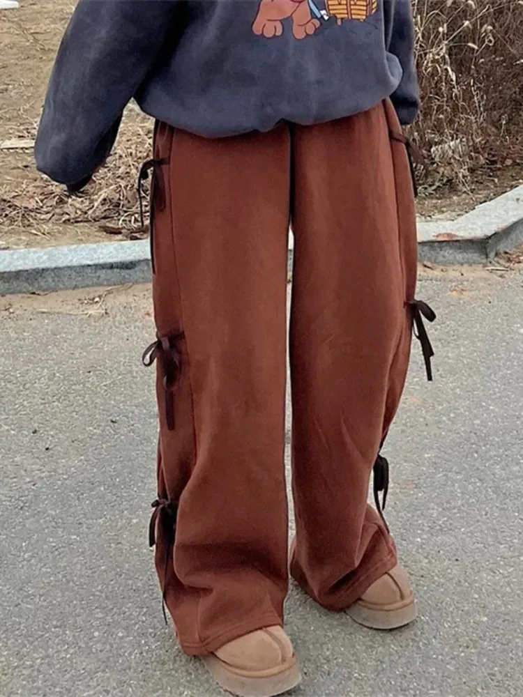 Fce Lined Autumn Winter  Knot Waist Sports Pants Wide Leg Casual Trousers Long Pants Women's Faion Streetwear