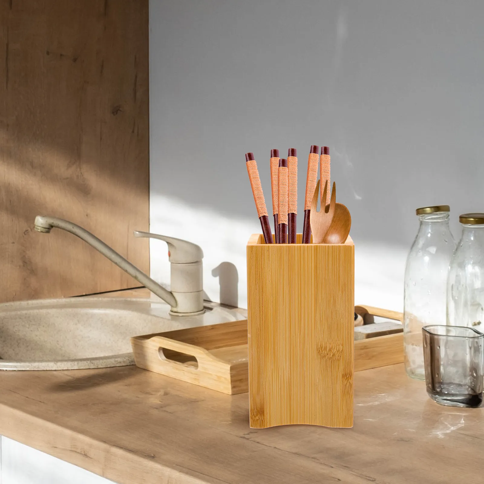 

Подставка для столовых приборов из бамбука, дренажный контейнер для палочек, держатель для кухонных принадлежностей, сушилка для ложек, стильные подставки для приборов