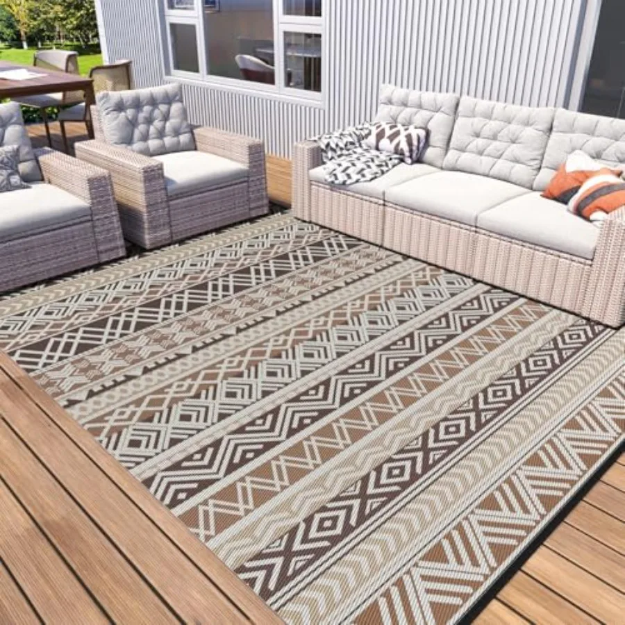 

Outdoor patio rug carpet, waterproof plastic straw material, reversible beige and brown boho design, durable for balcony, porch