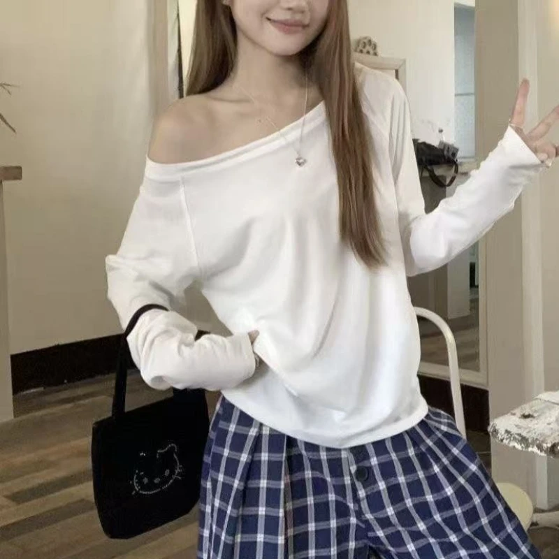 

Women One Shoulder Long Sleeve Cotton Sweater Slant Pullover Top Soft Comfortable Casual Blouse Shirt For Autumn Base Layer