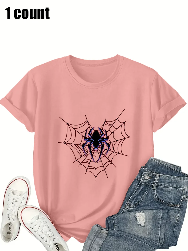 

Женская футболка больших размеров в готическом стиле с рисунком паутины, 1-кратный розовый топ свободного покроя с короткими рукавами и круглым вырезом